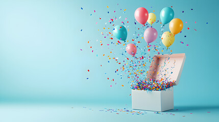 diseño de invitacion para festejo o cumpleaños con una caja abierta de regalo con globos coloridos flotando y volando con confeti con espacio de copia 