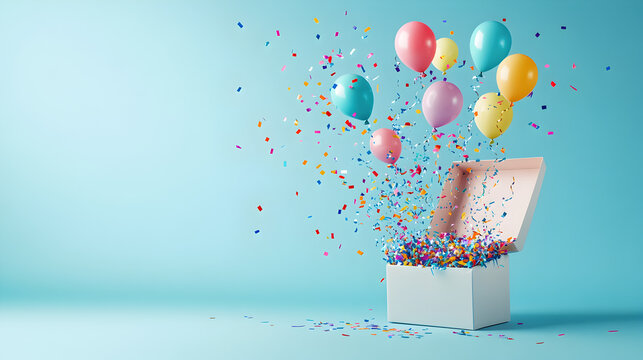 dise&ntilde;o de invitacion para festejo o cumplea&ntilde;os con una caja abierta de regalo con globos coloridos flotando y volando con confeti con espacio de copia 