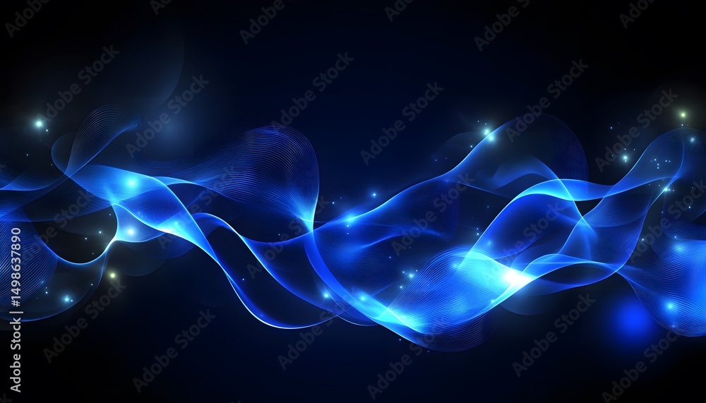 Poster abstract design with flowing blue lines and shimmering particles.
