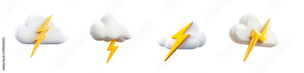 Poster set of stylized cloud and lightning graphic design elements. isolated on transparent background