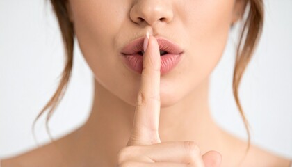 Close up of a woman make a shush silent gesture without show whole face.