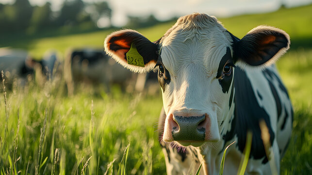 una vaca en la pradera animales domesticos una vaca junto a su ganado a aire libre en la naturaleza con su reba&ntilde;o en un rancho paisaje rural 