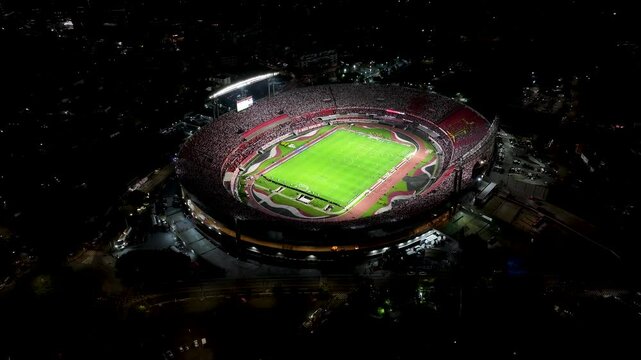 Morumbi Stadium At Sao Paulo Brazil. Birds Eye View Of Football Field In The Downtown Cityscape. Night Highway Road Downtown Cityscape. Night Outside Downtown. Sao Paulo Brazil.