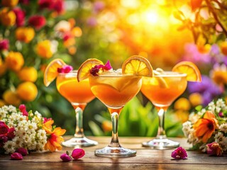 Sunlit Cocktails: Closeup of Three Orange-Garnished Drinks with Flowers
