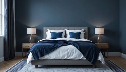 Serene Modern Bedroom Interior Design with Navy Blue Walls and Gray Bed