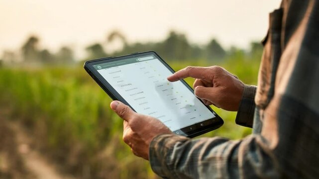 Precision Agriculture: A farmer utilizes modern technology on a tablet to monitor crops in the field, exemplifying the synergy between farming and technological innovation. 