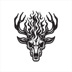 Deer Skull with Antlers – Bold Black and White Line Art Vector Illustration

