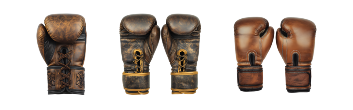 set of Vintage boxing gloves displayed in a horizontal row. isolated on transparent background