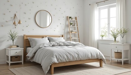 Light and airy bedroom with minimalist wooden bed, soft grey bedding, and delicate floral wall decor