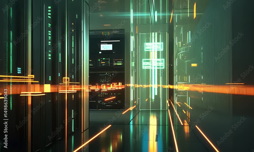 Poster modern digital art of an interior data center with rows of advanced server machines, illuminated by 