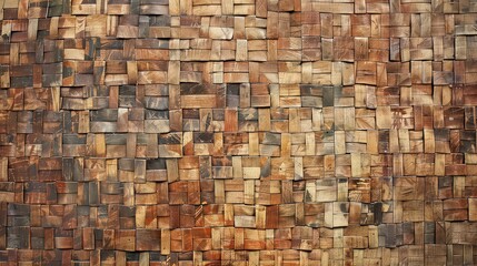 A detailed view of a wall constructed from small wooden blocks of varying shades and textures
