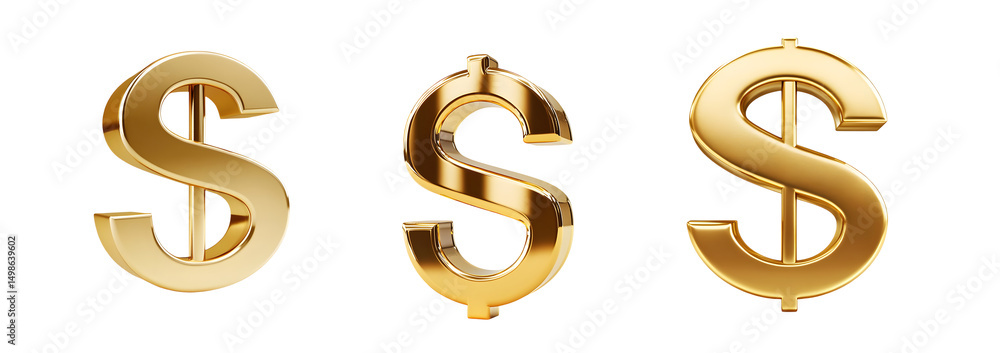 Poster set of three dimensional gold dollar signs isolated on transparent background