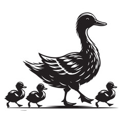 Silhouette of cute duck family walking together vector illustration