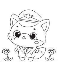 Coloring book fox pilot in a smart uniform stands among cheerful flowers, 