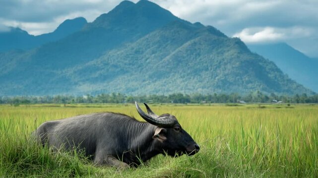 Water Buffalo in Serene Rice Field: A majestic water buffalo relaxes in a lush green rice field, with majestic mountains looming in the distance under a sky, capturing the tranquility of rural life.