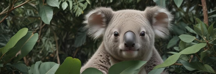 Adorable koala joey nestled in eucalyptus leaves, seamless repeat , australia, cute, seamless koala