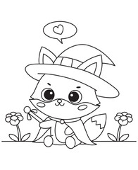 Coloring book Magical cartoon fox dressed as a wizard