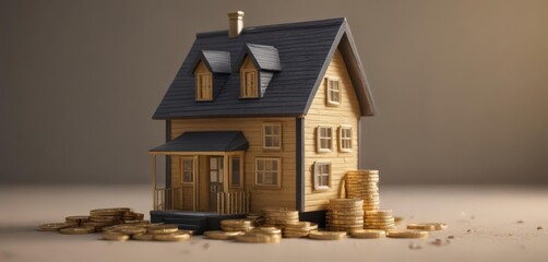 Tiny house model and gold coins illustrate home loan concept ,  success,  affordability,  stability