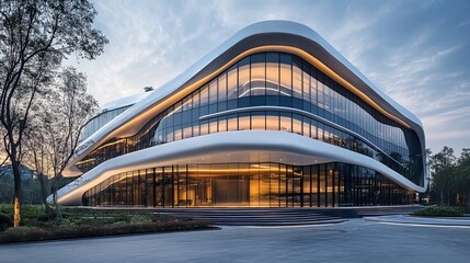 Fototapeta premium Exterior view of a modern building with curved design and glass facade at dusk or dawn lighting up