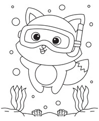 Coloring book fox exploring underwater with a snorkel mask, surrounded by bubbles and sea plants.