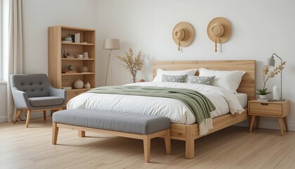 Light and airy bedroom with minimalist wooden furniture, a gray armchair, and a cozy bed with a green throw blanket.