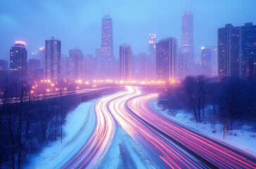 Fototapeta premium Chicago Skyline At Night Winter Highway Traffic Long Exposure Photography
