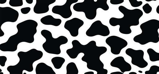 Vector cow print pattern background. Black irregular patches on white backdrop. Abstract cow skin or fur texture. Hand drawn design. Farm animal print