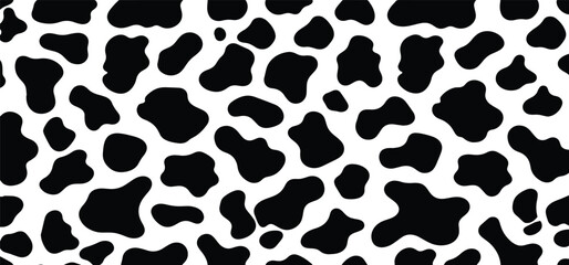 Vector cow print pattern background. Black irregular patches on white backdrop. Abstract cow skin or fur texture. Hand drawn design. Farm animal print