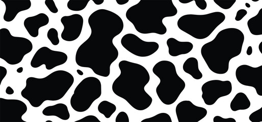 Vector cow print pattern background. Black irregular patches on white backdrop. Abstract cow skin or fur texture. Hand drawn design. Farm animal print