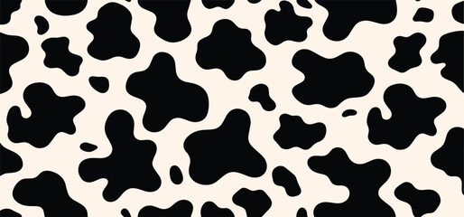 Vector cow print pattern background. Black irregular patches on white backdrop. Abstract cow skin or fur texture. Hand drawn design. Farm animal print