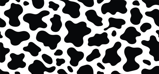 Black and white cow fur repeating texture. Animal print pattern or skin background vector illustration.