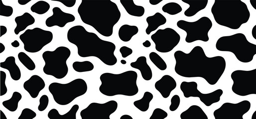 Black and white cow fur repeating texture. Animal print pattern or skin background vector illustration.