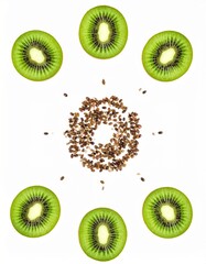 Fototapeta premium Sliced Kiwi Halves with Seeds Spilling in Circular Pattern on Isolated White Background Composition