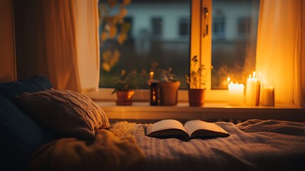 Woman enjoys cozy nighttime reading with warm lights by the window for relaxation inspiration and peaceful home lifestyle concept.