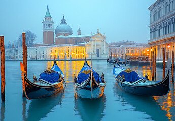 Gondolas Resting On Venetian Lagoon Waters With San Giorgio Maggiore Island