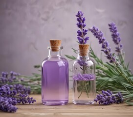 Lavender essential oil bottle with fresh flowers , flowers, organic, closeup