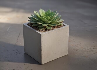 Succulent in a small square concrete pot, sunlight dappled ,  houseplant,  rustic,  hardy