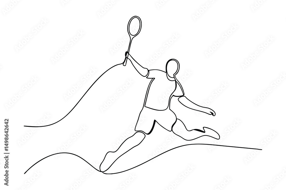 Poster continuous one line drawing badminton player dynamic action
