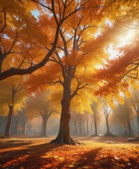 Sunlight filters through vibrant canopy, dense autumn leaves, fall, golden, texture