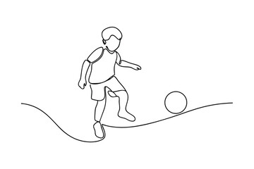 Singleline drawing of boy playing soccer, kicking ball, outdoor fun