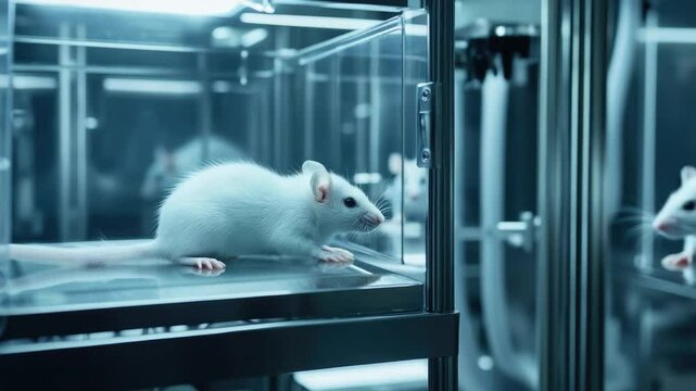 White laboratory mouse in a transparent cage with scientific equipment in a modern research facility environment 4k video footage