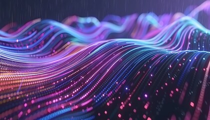 Abstract digital landscape of colorful wavy lines and points.