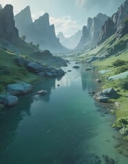 Soft, blended washes of blues and greens create a serene, abstract landscape , background, nature, art