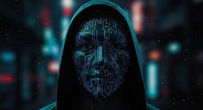 A hooded figure with a circuit-board face
