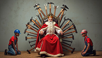 Obraz premium Santa Claus sitting on throne with children kneeling on ground