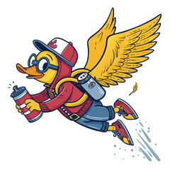 A cartoon duck wearing a jetpack, propelled by spray paint cans, flies through the air, tagging a yellow graffiti art piece.