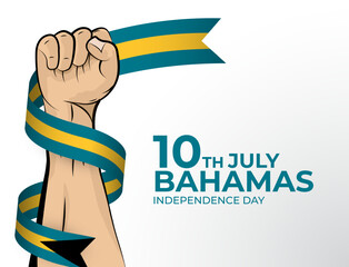 Vector illustration of Happy Independence Day greeting card for the country of Bahamas with clenched fists and a flag ribbon. Use for banners on a white background