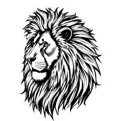 Obraz premium Lion's Majesty: A bold monochrome illustration depicts a lion's head in profile, showcasing its powerful gaze and magnificent mane rendered in dynamic line art.