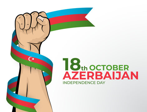 Vector illustration of Happy Independence Day greeting card for the country of Azerbaijan with clenched fists and a flag ribbon. Use for banners on a white background - Powered by Adobe