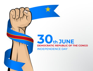 Vector illustration of Happy Independence Day greeting card for the country of Democratic Republic of the Congo with clenched fists and a flag ribbon. Use for banners on a white background